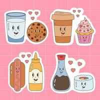 groovy hippie liefde elementen stickers verzameling. retro gelukkig valentijnsdag dag. romantisch paren van melk en koekje, koffie en muffin, hotdog en mosterd, soja saus en sushi. Valentijn dag pak. vector