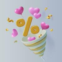 3d percentage partij popper roze harten en confetti februari 14 of Valentijnsdag dag uitverkoop en korting vector