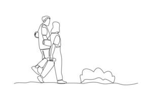 doorlopend een lijn tekening familie en kinderen uitgeven tijd samen. wandelen familie concept. tekening vector illustratie.