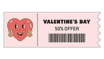 valentijnsdag dag coupon. Valentijn uitverkoop, speciaal aanbiedingen, kortingen kortingsbonnen voor winkelen, geschenken, restaurants, bioscopen, cafés. liefde ticket, korting in groovy retro stijl. vector