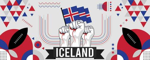 IJsland nationaal of onafhankelijkheid dag banier voor land viering. vlag van ijslanders met verheven vuisten. modern retro ontwerp met typorgaphy abstract meetkundig pictogrammen. vector illustratie.