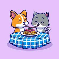 schattig paar kat en corgi hond aan het eten spaghetti samen tekenfilm vector icoon illustratie. dier voedsel icoon concept geïsoleerd premie vector. vlak tekenfilm stijl