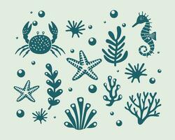 marinier leven illustratie patroon vector koraal, schelp, coquille, zeester, diep zee achtergrond lay-out silhouet afdrukbare