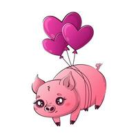 kawaii varken vliegt met hartvormig ballonnen. schattig dieren voor Valentijnsdag dag vector