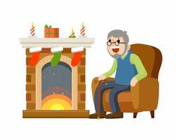 oud Mens zit in stoel door haard. senior viert nieuw jaar en kerstmis. opa in mooi hoor knus huis. kamer meubilair en opa. winter concept. vlak tekenfilm. vuur, doos en sok met geschenk vector