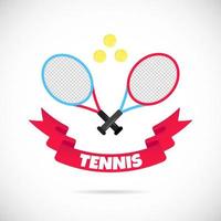 twee tennisrackets en ballen vlakke stijl ontwerp met lint en tekst tennis pictogram teken vectorillustratie geïsoleerd op een witte achtergrond. symbolen van de tenniswedstrijd. vector