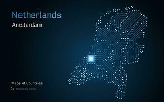 Nederland kaart met stroomkring bord en elektronisch componenten met hoofdstad Amsterdam vector