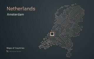 Nederland kaart met stroomkring bord en elektronisch componenten met hoofdstad Amsterdam vector
