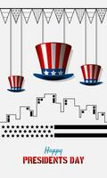 gelukkig presidenten dag poster met hangende hoed en stad achtergrond in schets stijl vector