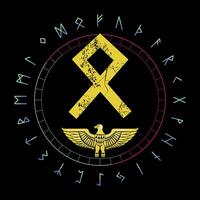 viking alfabet t-shirt ontwerp met een gouden vogel. runen- brief gebeld Othila dat vertegenwoordigt overvloed. vector