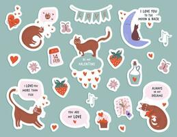 Valentijnsdag dag schattig sticker pak. schattig reeks met katten, harten en verklaringen van liefde. liefde concept. grappig vakantie klem kunst. hand- getrokken vector illustraties.