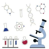 chemisch laboratorium Onderzoek, laboratorium experiment. microscoop, test buis, glas fles. vlak vector illustratie Aan wit achtergrond