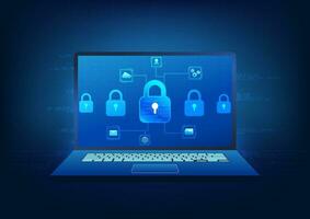 cyber veiligheid technologie achtergrond systeem naar voorkomen gegevens schrapping en cyber diefstal u moet verifiëren uw identiteit naar toegang de informatie. laptop scherm tonen slot met icoon vector