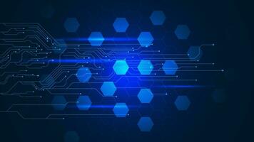 blauw zeshoeken met elektronisch stroomkring bord. digitaal technologie, globaal netwerk verbinding en bouwkunde concept achtergrond. vector illustratie.