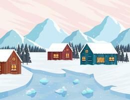 besneeuwd natuur in winter met keer bekeken van huizen en besneeuwd bergen vector