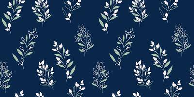 gestileerde vector hand- getrokken schetsen gemakkelijk klein takken, knoppen, bladeren, druppels naadloos patroon. artistiek, voorzichtig retro bloemen blauw donker afdrukken. sjabloon voor ontwerp, behang, mode, kleding stof