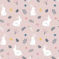 schattig naadloos patroon met konijn, bloemen, bladeren. voor gelukkig Pasen vector