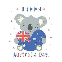 gelukkig Australië dag koala knuffel vlag hart in aanbiddelijk houding. dier vieren Australisch natie dag tekenfilm hand- tekening. vector