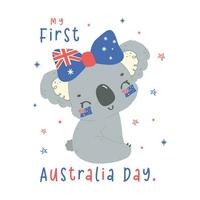 eerste Australië dag baby koala met vlag in aanbiddelijk houding dier vieren Australisch natie dag tekenfilm hand- tekening. vector