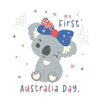 eerste Australië dag baby koala met vlag in aanbiddelijk houding dier vieren Australisch natie dag tekenfilm hand- tekening. vector