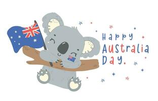gelukkig Australië dag koala met vlag. aanbiddelijk dier vieren Australisch natie dag tekenfilm hand- tekening. vector