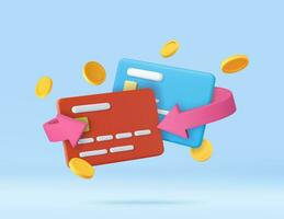 3d contant geld terug credit kaart met pijl icoon en munten vector