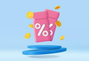 3d coupon met munten in blauw podium achtergrond vector