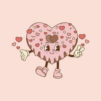 retro illustratie van hart vormig donut omringd door harten en roze room vector