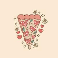 schattig illustratie van pizza met hartvormig peperoni en gesmolten kaas, pizza driehoek , retro pizza vector