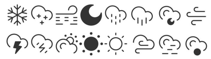 weer dun lijn vector icoon set. pixel perfect. bewerkbare hartinfarct. de reeks bevat pictogrammen zon, maan, wolk, winter, zomer, regenen, sneeuw, sneeuwstorm, paraplu, sneeuwvlok, zonsopkomst, wind.