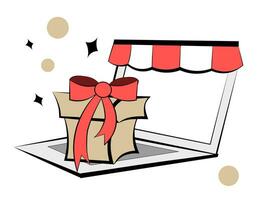 online op te slaan. geschenk in de buurt laptop Aan wit achtergrond vector