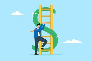 zakenman beklimming naar top ladder van geld dollar teken in vlak ontwerp vector