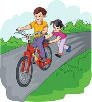 jongen rijden een fiets met meisje vector illustratie