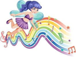 schattige fee stripfiguur met melodie regenbooggolf vector