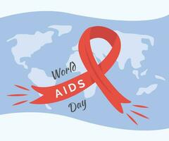 wereld AIDS dag banier met rood lint Aan wereld kaart Aan achtergrond. poster voor nationaal hiv en AIDS bewustzijn dag. rood lint kanker bewustzijn symbool. folder. vector illustratie.