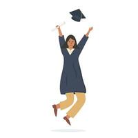 gelukkig vrouw leerling blij jumping en Holding diploma vector vlak illustratie. glimlachen vrouw vervelend gewaad en pet geïsoleerd Aan wit achtergrond. afgestudeerd persoon vieren einde van studies.