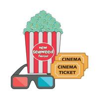 popcorn groente, bril 3d met ticket bioscoop illustratie vector
