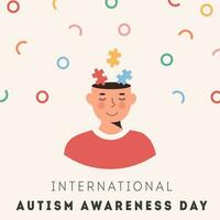 Internationale autisme bewustzijn dag kaart. glimlachen persoon gezicht met kleurrijk puzzel stukken in hoofd. psychologisch concept van autistisch kinderen. sociaal moeilijkheid. mentaal onbekwaamheid of wanorde. vector. vector