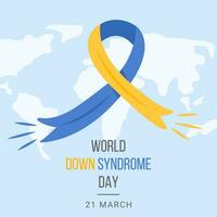 wereld naar beneden syndroom dag web banier, poster of kaart. blauw en geel lint en wereld kaart Aan achtergrond. symbool van genetisch ziekte. extra chromosoom. vector illustratie.