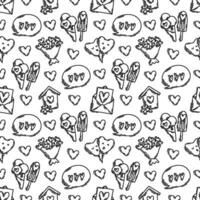 valentijnsdag dag tekening stijl naadloos patroon in zwart en wit, hand getekend pictogrammen met gemakkelijk gravure retro effect. romantisch liefde stemming, schattig symbolen en elementen achtergronden verzameling. vector