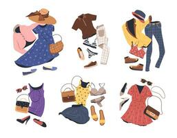 outfits reeks in gewoontjes stijl voor Dames. mode kleding, accessoires, schoenen voor voorjaar en zomer. geïsoleerd vlak vector illustraties Aan achtergrond