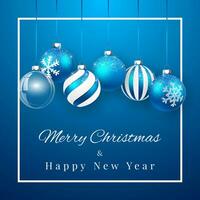luxe Kerstmis ontwerp met blauw Kerstmis ballen en Kerstmis glas bal over- blauw achtergrond. vakantie decoratie sjabloon. vector illustratie