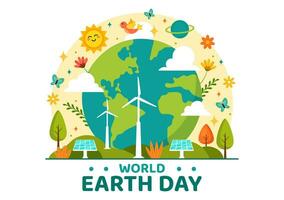 wereld aarde dag vector illustratie Aan april 22 met wereld kaart en planten of bomen voor vergroening bewustzijn in milieu vlak tekenfilm achtergrond