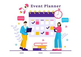 evenement ontwerper vector illustratie met planning schema, tijd beheer, bedrijf agenda en kalender concept in vlak tekenfilm achtergrond