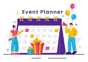 evenement ontwerper vector illustratie met planning schema, tijd beheer, bedrijf agenda en kalender concept in vlak tekenfilm achtergrond