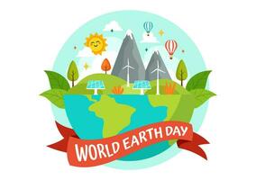 wereld aarde dag vector illustratie Aan april 22 met wereld kaart en planten of bomen voor vergroening bewustzijn in milieu vlak tekenfilm achtergrond