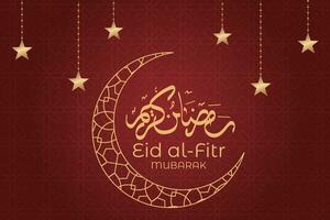 eid al fitr groet kaart met Arabisch schoonschrift en sterren Aan rood achtergrond vector