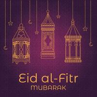 eid al fitr mubarak groet kaart met lantaarns en sterren Aan achtergrond vector