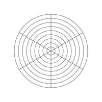 wiel van leven sjabloon. polair rooster van 6 segmenten en 8 concentrisch cirkels. gemakkelijk coaching gereedschap voor visualiseren allemaal gebieden van leven. blanco polair diagram papier. cirkel diagram van leven stijl evenwicht. vector