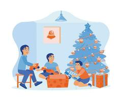 drie weinig kinderen opening Kerstmis presenteert samen onder de Kerstmis boom. speelgoed- auto's net zo Kerstmis geschenken. familie sharing Kerstmis vooravond concept. neiging modern vlak vector illustratie